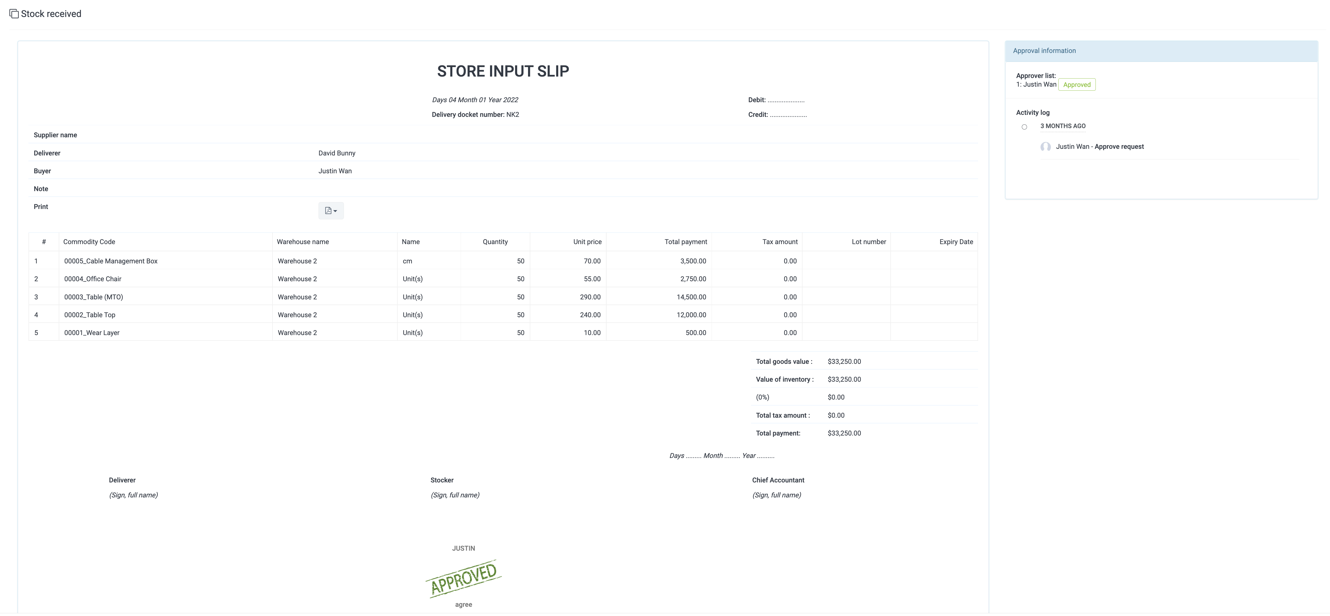 Inventory Receiving Voucher
