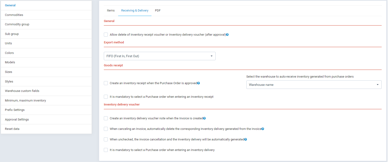 Settings untuk receiving dan delivery